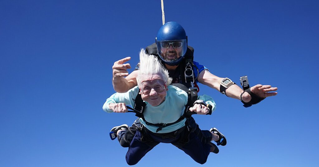 Dorothy Hoffner at 104 years old tandem skydiving. Picture courtesy of USPA.